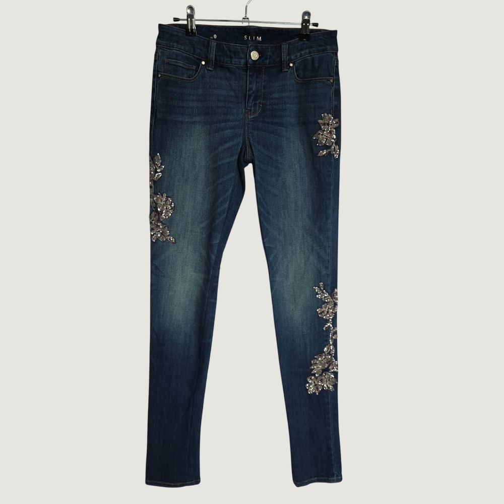 White House Black Market The Slim Jeans Womens 0 Blue Excellent Sequin Floral